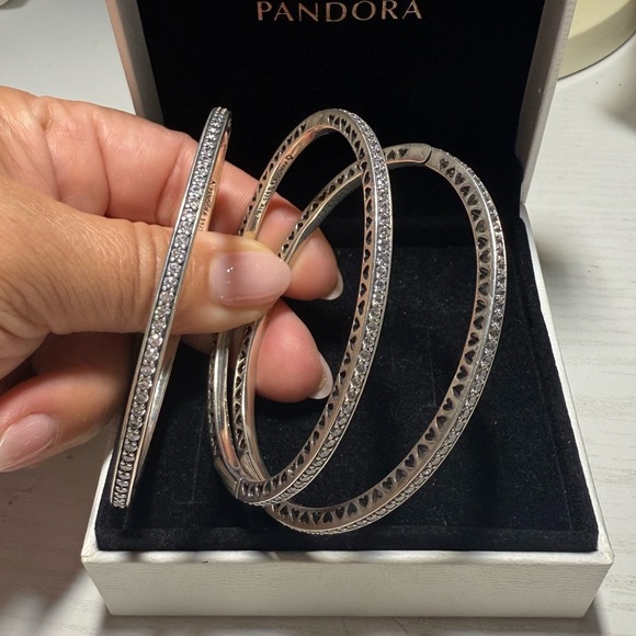 Pandora Set of 3 Bracelets Silver Hearts Enamel Bangles w/ BOX - Picture 3 of 8